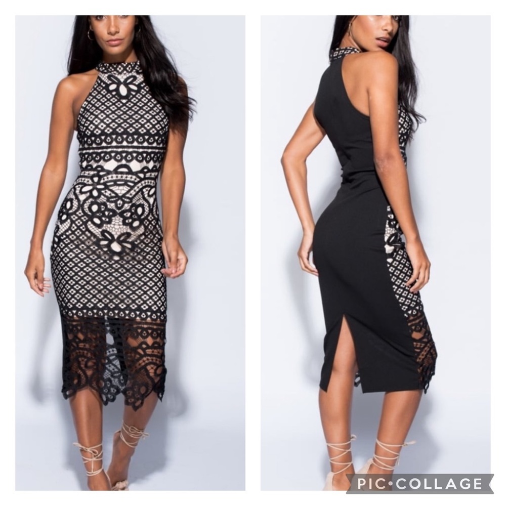 Sleeveless Crochet Lace Dress with High Ne…